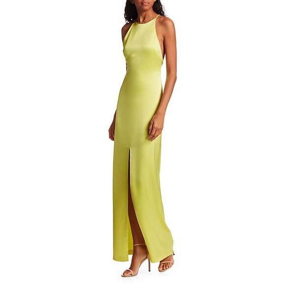 Alice & Olivia Ettley Halter Maxi Dress Yellow Lime Gown Front Slit Sz 8 - Picture 4 of 13